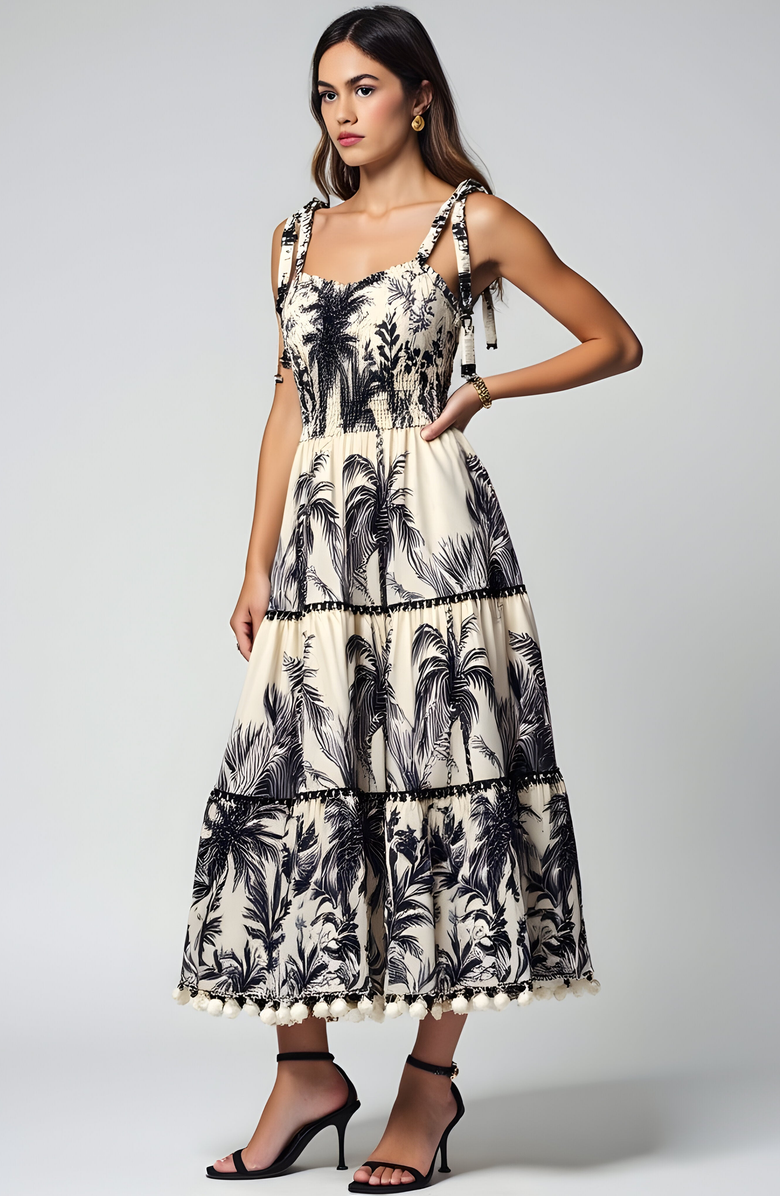 Modenaire Tropical Print Tiered Midi Dress with Pom Trim and Smocked Bodice, Alternate, color, 