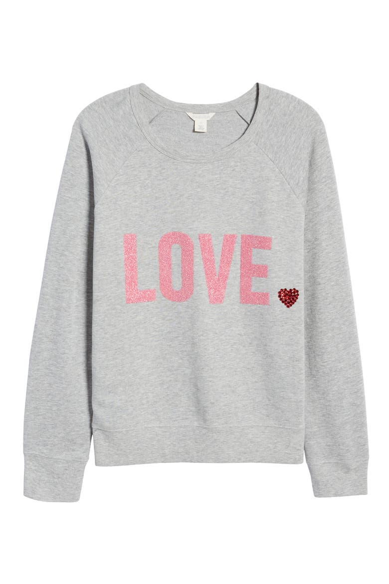 Love Embellished Graphic Sweatshirt, Alternate, color, GREY HEATHER LOVE
