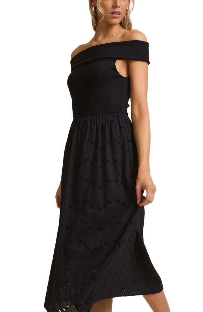 Knit and Lounge Elegant Off-Shoulder Midi Dress with Textured Skirt Detail, Alternate, color,