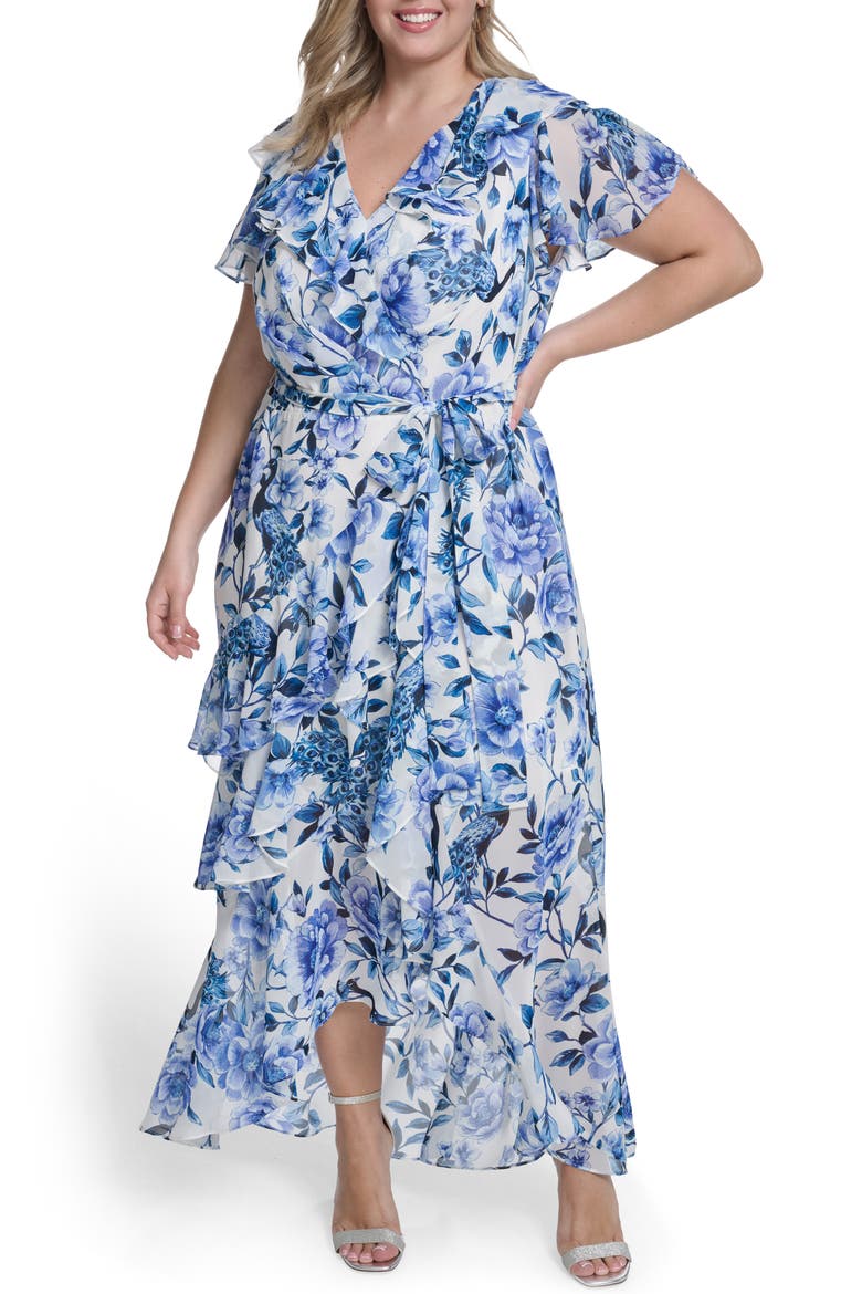 Floral Wrap Bodice Asymmetrical Ruffle Maxi Dress, Main, color, IVORY BLUE