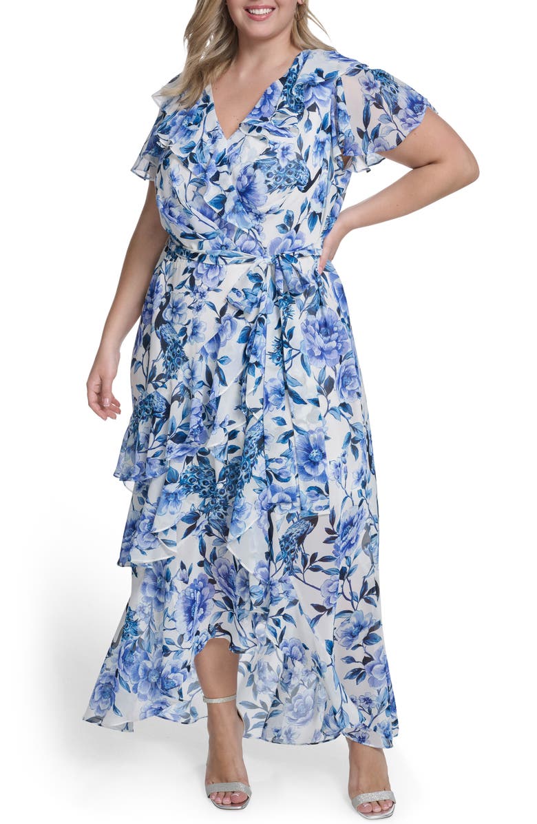 Eliza J Floral Wrap Bodice Asymmetrical Ruffle Maxi Dress, Main, color, Ivory Blue