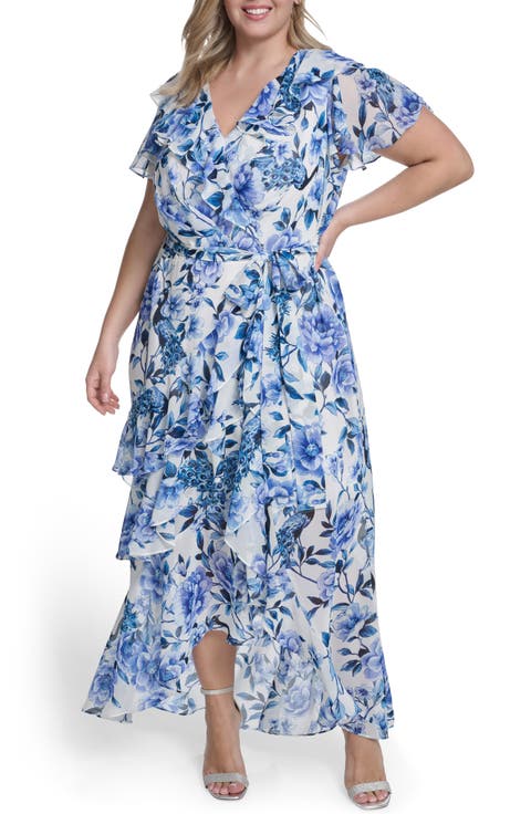 Floral Wrap Bodice Asymmetrical Ruffle Maxi Dress