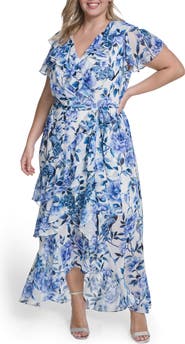 Eliza J Floral Wrap Bodice Asymmetrical Ruffle Maxi Dress