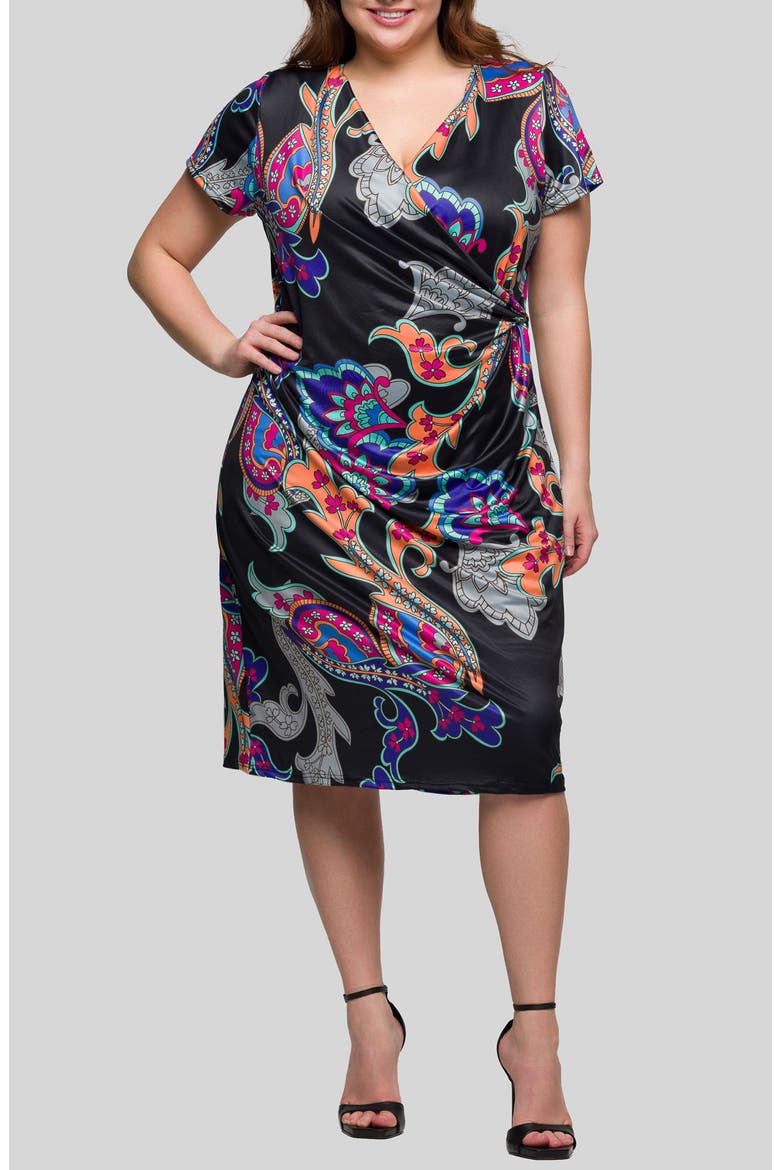 Paisley Floral Wrap Front Knit Midi Dress, Main, color, BLACK MULTI