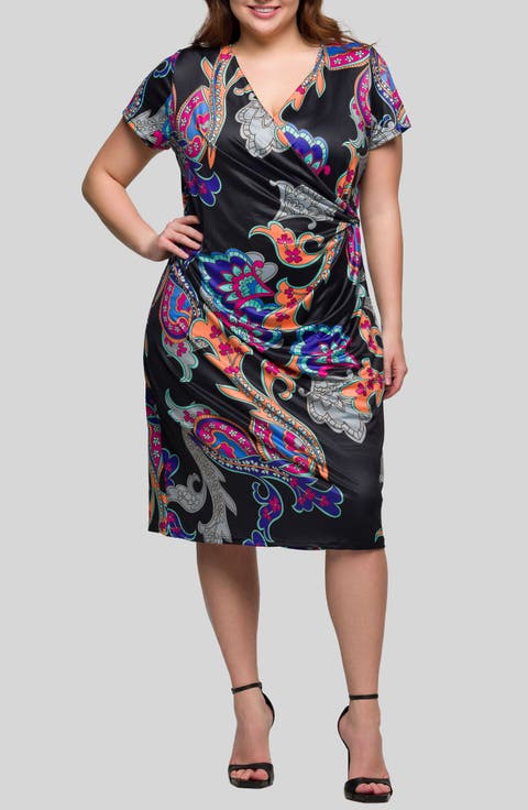 Paisley Floral Wrap Front Knit Midi Dress (Plus)