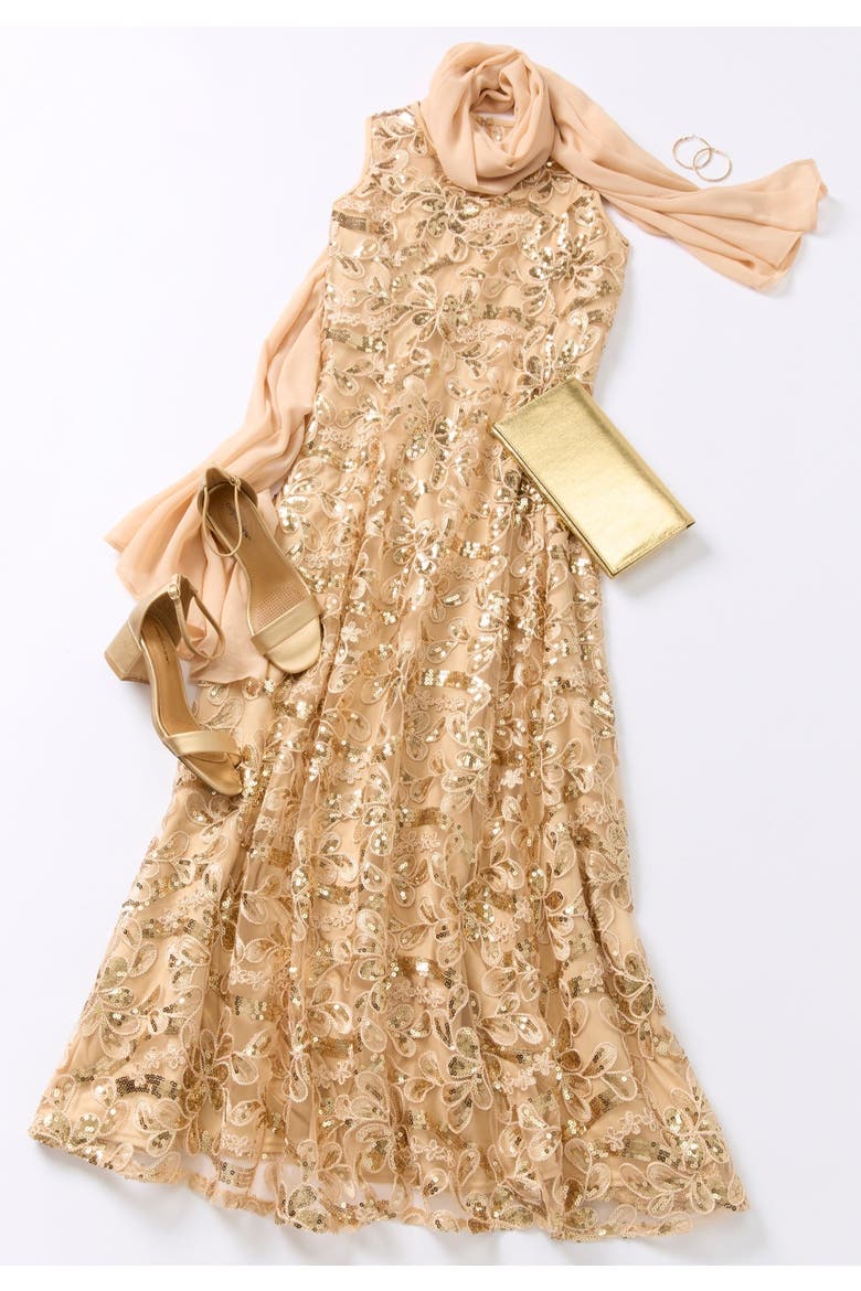 Plus Size Allover Lace Embellished Shawl Gown, Alternate, color, SPARKLING CHAMPAGNE