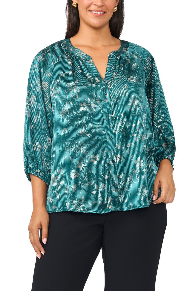 Floral Print Raglan Sleeve Button Up Shirt, Alternate, color, DEEP EMERALD
