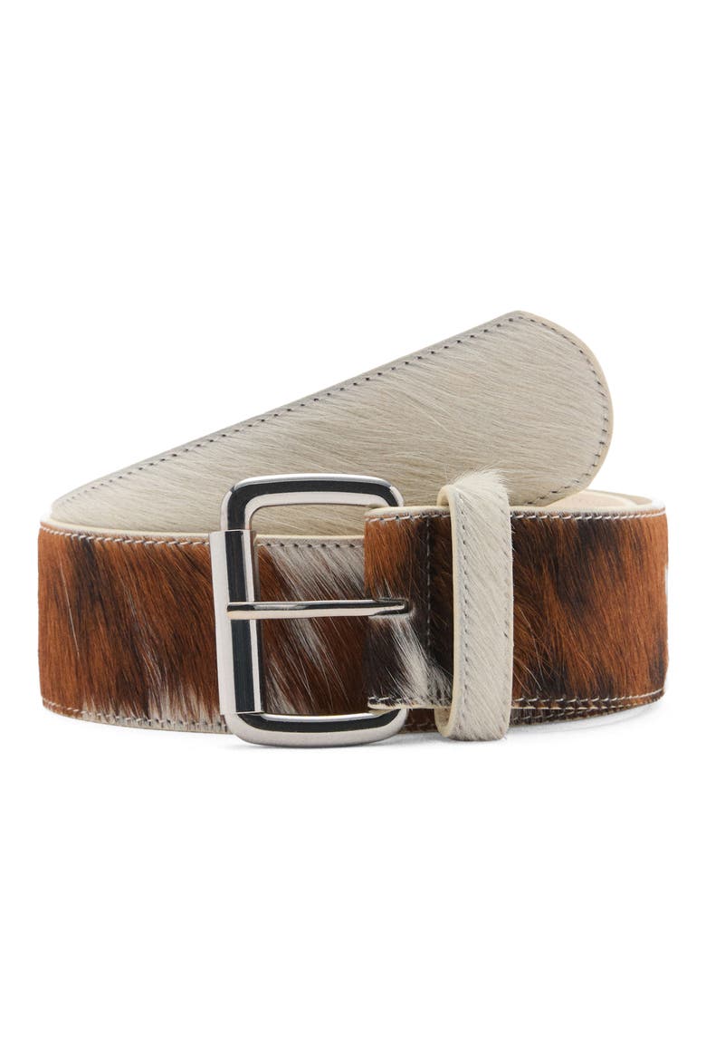 Bovine Print Genuine Calf Hair Belt, Main, color, BROWN/WHITE