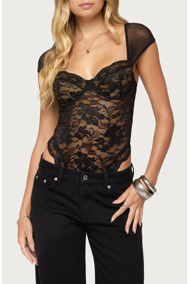 Gasha Lace Cupped Bodysuit, Main, color, BLACK