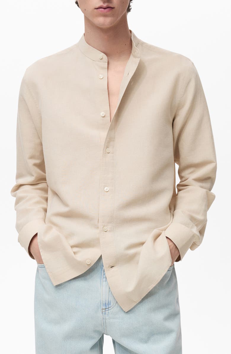 MANGO Band Collar Linen Blend Button-Up Shirt, Main, color, Sand