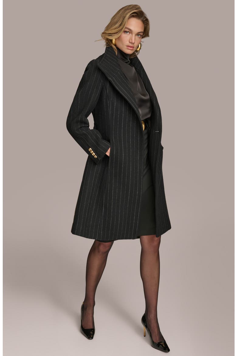 Belted Wool Wrap Coat, Alternate, color, BLACK PINSTRIPE
