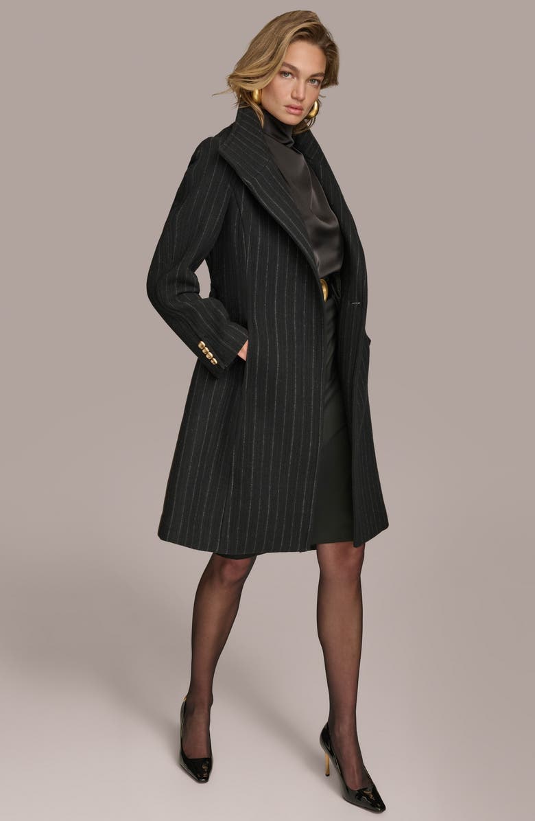 Donna Karan New York Belted Wool Wrap Coat, Alternate, color, Black Pinstripe