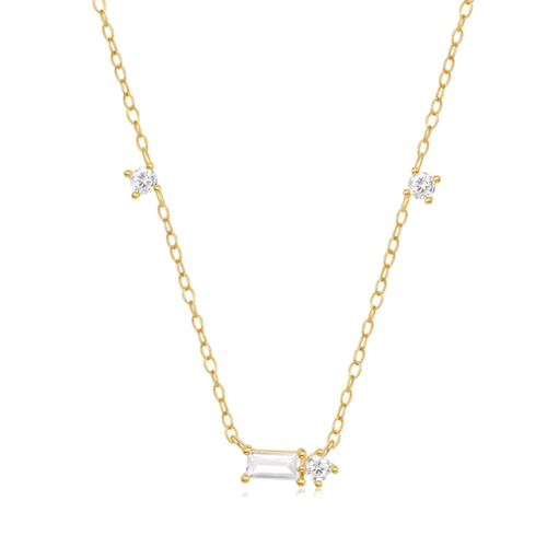 Hollywood Sensation Starluxe Delicate Necklace With Three Round Cut And One Emerald Cut Cubic Zircon In Gold