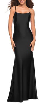 La Femme Chic Luxe Jersey Gown with Train and V Back