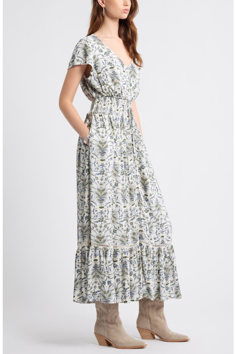 Print Smocked Waist Ruffle Hem Maxi Dress, Alternate, color, IVORY SHELL WILLOW FLORAL