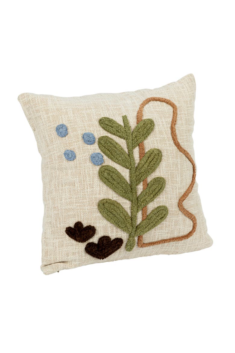 Square Cotton Slub Pillow with Tufted Plant Design, Multicolor, Main, color, White