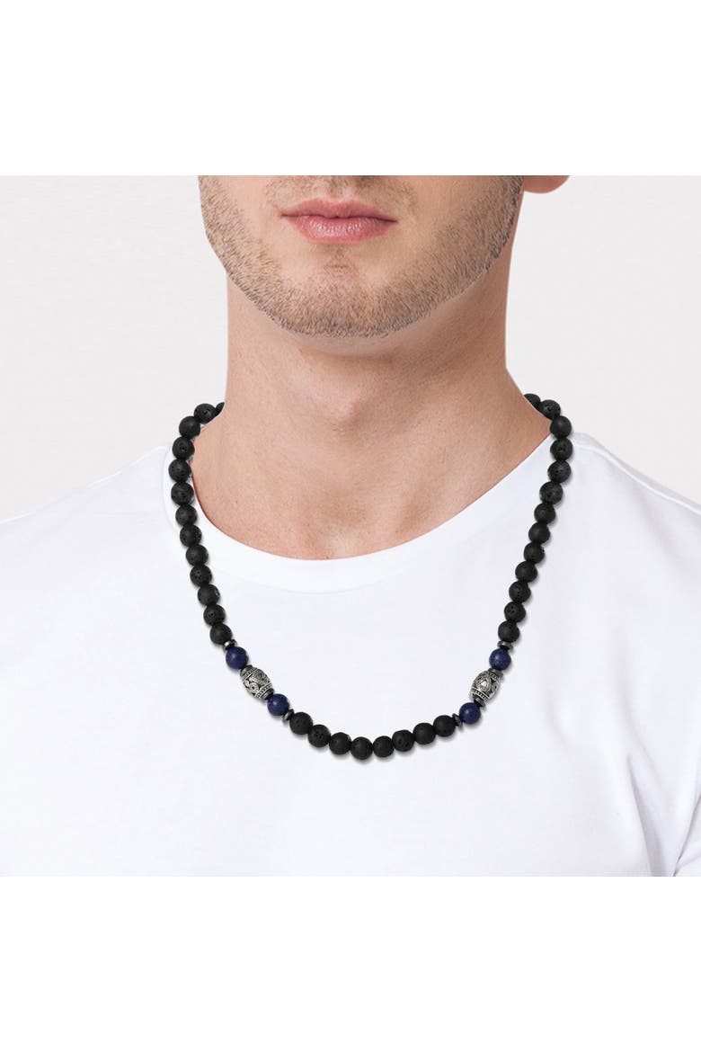 Men's Lava Rock & Lapis Beaded Necklace, Silver-Tone Barrel Accents, 22", Alternate, color, Black