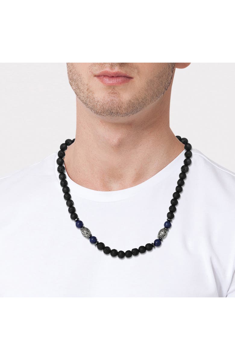 Lucky Brand Men's Lava Rock & Lapis Beaded Necklace, Silver-Tone Barrel Accents, 22", Alternate, color, Black
