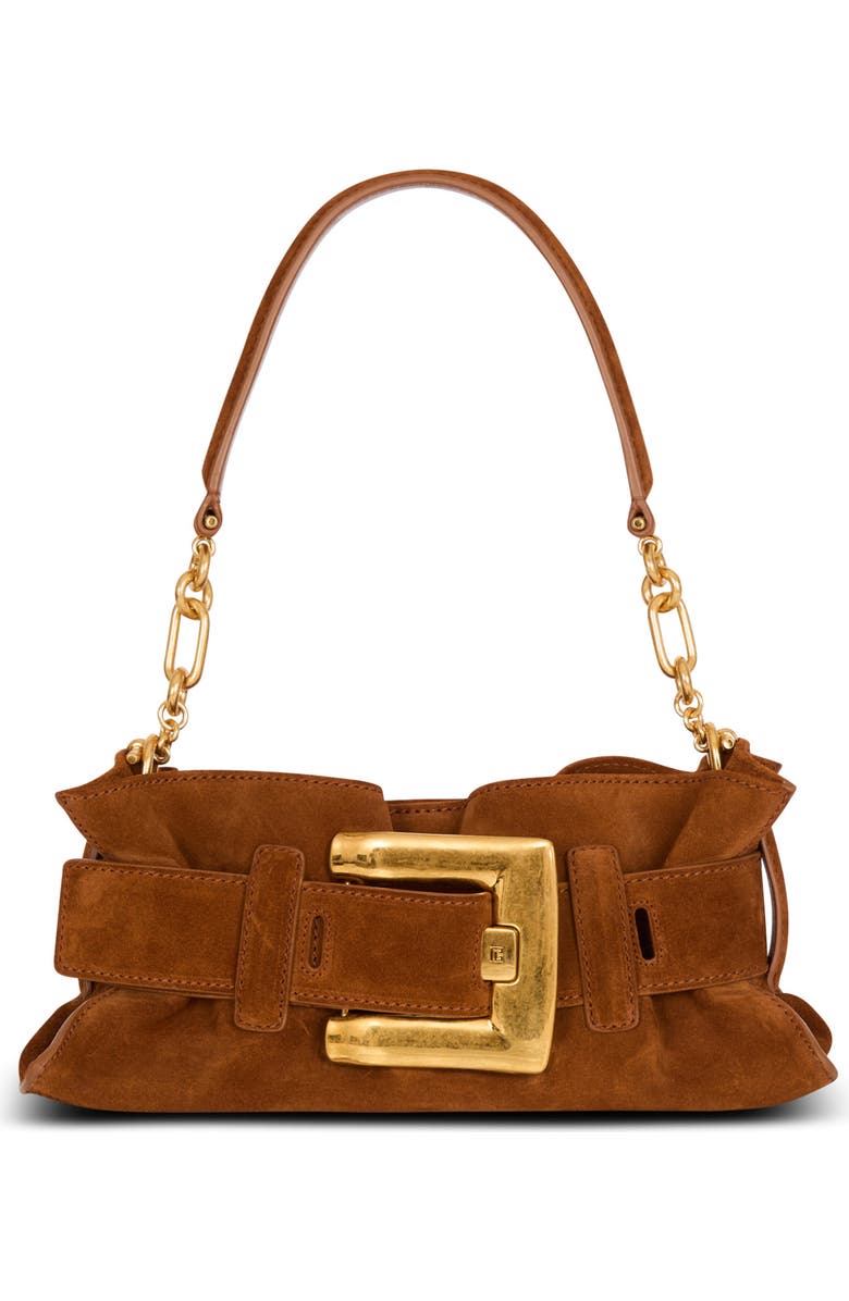 Balmain Anthem Mini suede leather bag, Main, color, Brown