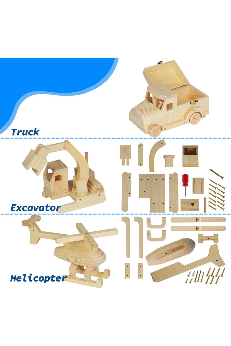 Wood Building Toy Kit, Diy 3 Vehicle Projects, Alternate, color, Multicolored