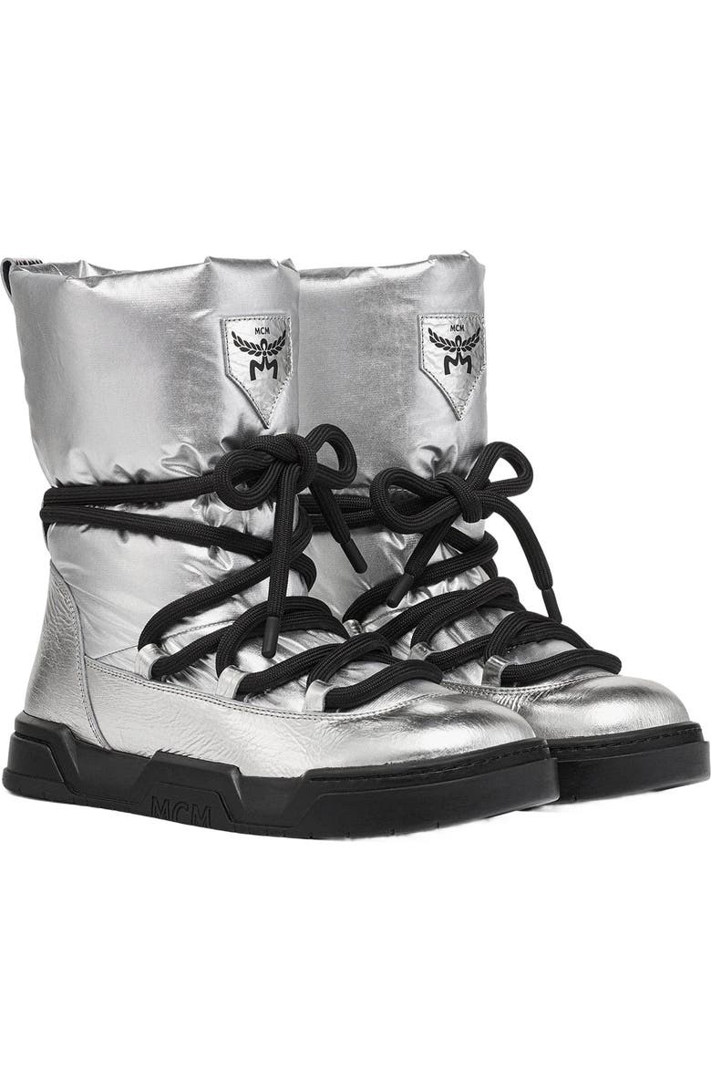 MCM Skyward Ankle Boots in Metallic Calf Leather, Main, color, Silver