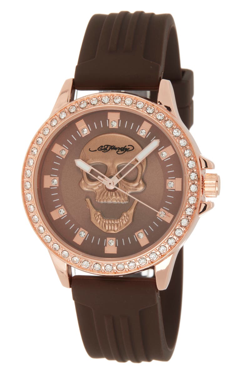 Ed Hardy Crystal Skull Silicone Strap Watch, 38mm x 44mm, Main, color,