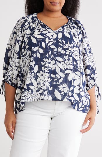 Renee C Floral Tie Sleeve Top In Blue