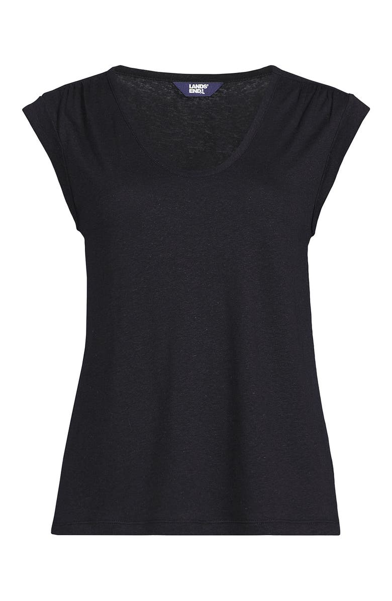 Lands' End Linen Blend Cap Sleeve Gathered Shoulder Tee, Alternate, color, Black