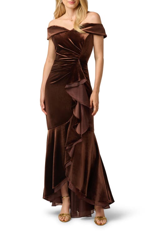 Ruffle Off the Shoulder Velvet Gown