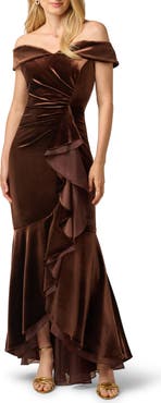 Adrianna Papell Ruffle Off the Shoulder Velvet Gown