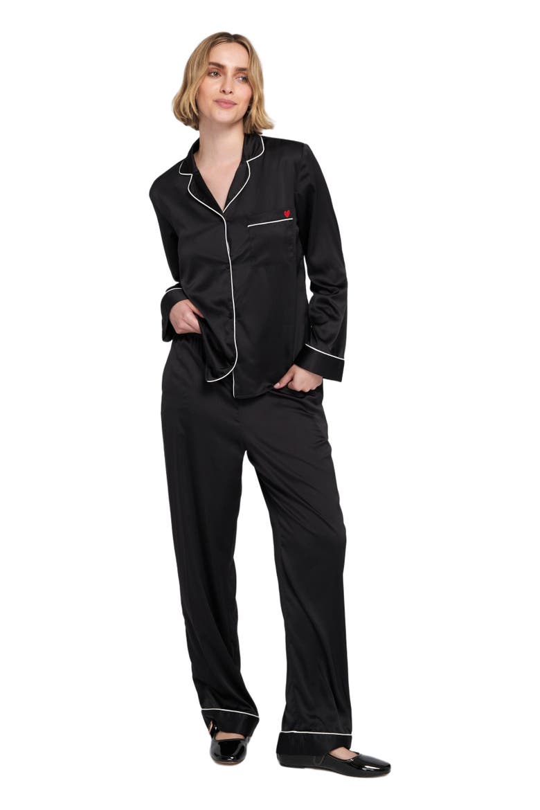 Satin PJ Set Long Pajama, Main, color, Black/Ivory