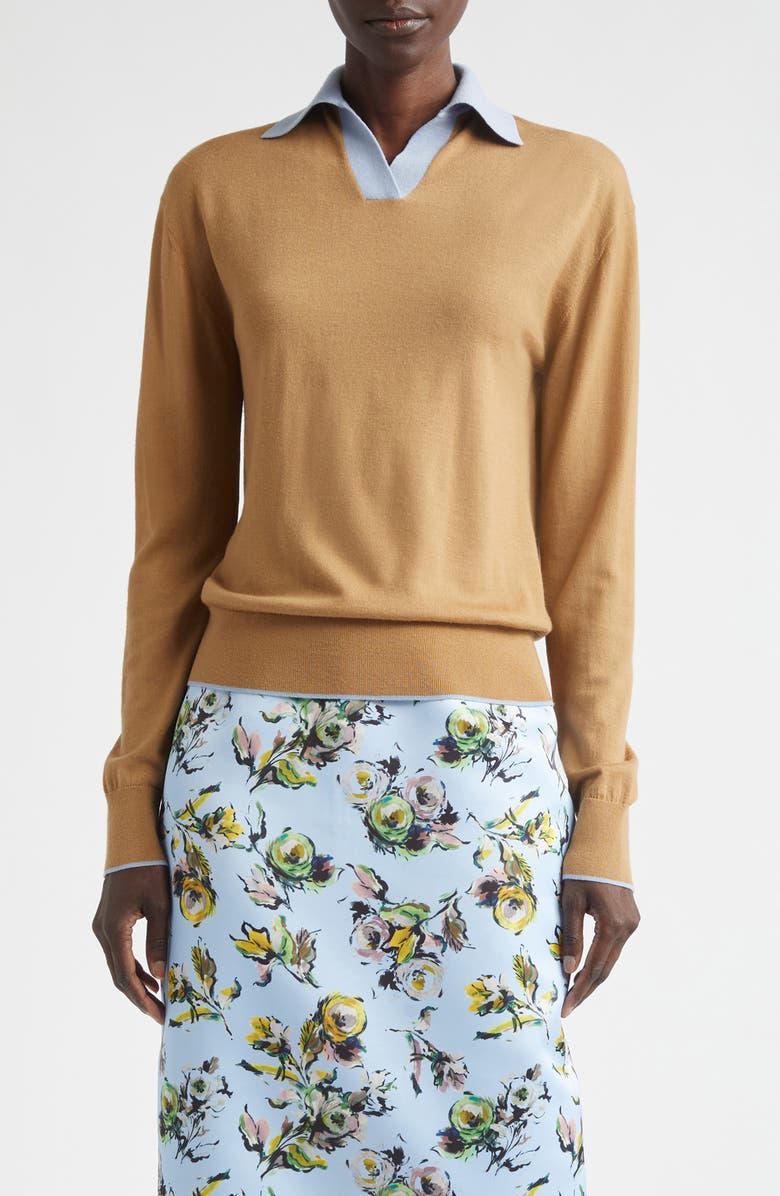 Emilia Wickstead James Contrast Wool Polo Sweater, Main, color, Camel/Baby Blue