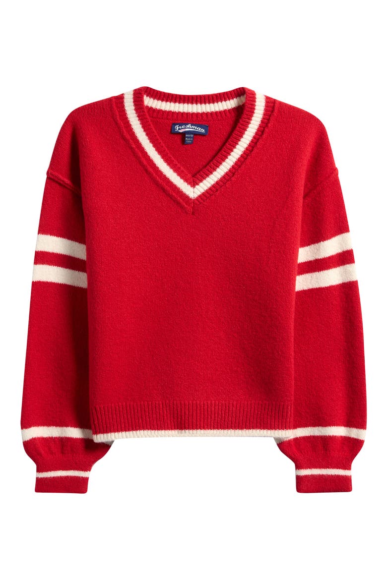 Kids' Athlete Stripe V-Neck Sweater, Main, color, RED/ IVORY