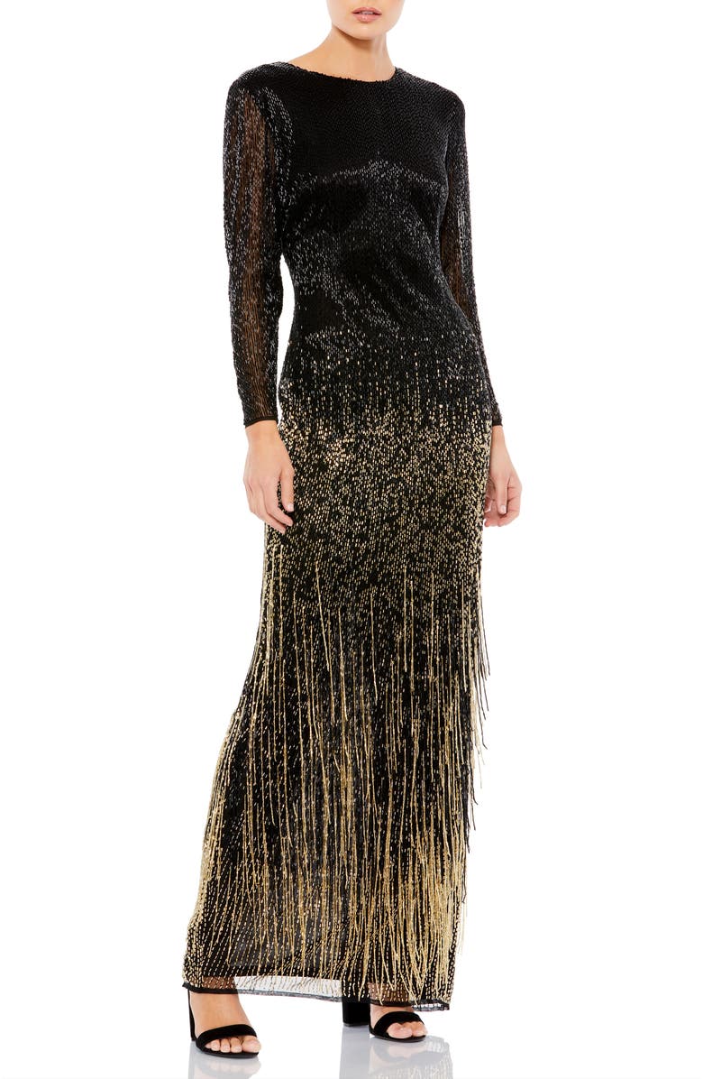 Mac Duggal Long Sleeve Beaded Fringe Evening Gown, Main, color, Black Gold