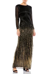 Mac Duggal Long Sleeve Beaded Fringe Evening Gown