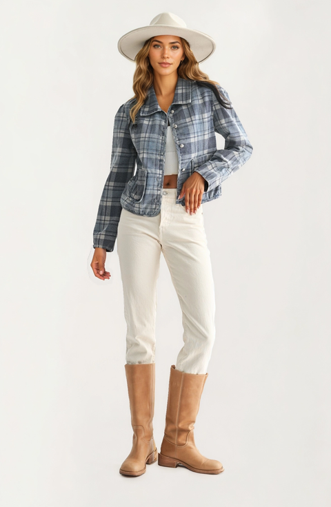 Cropped Plaid Button-Front Pocket Detail Jacket