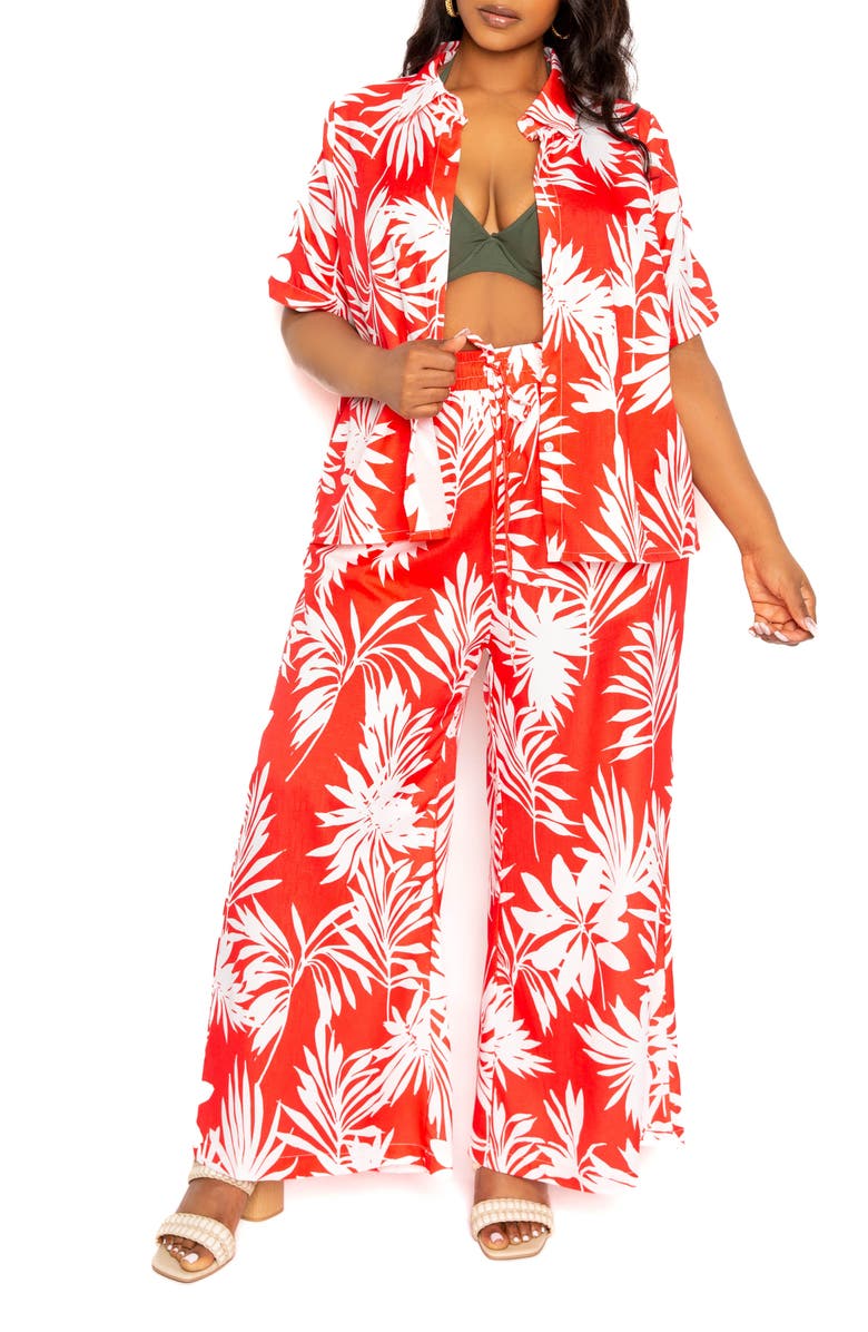 BUXOM COUTURE Tropical Short Sleeve Button-Up Top & Wide Leg Pants Set, Alternate, color,