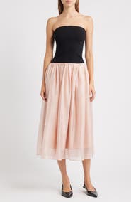 MOON RIVER Strapless Mixed Media Midi Dress