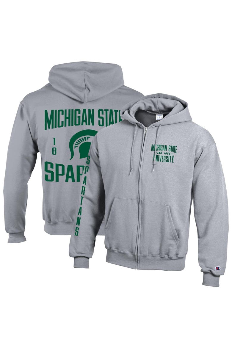 Men's Champion  Heather Gray Michigan State Spartans Varsity Powerblend Full-Zip Fleece Hoodie, Main, color, Heather Gray