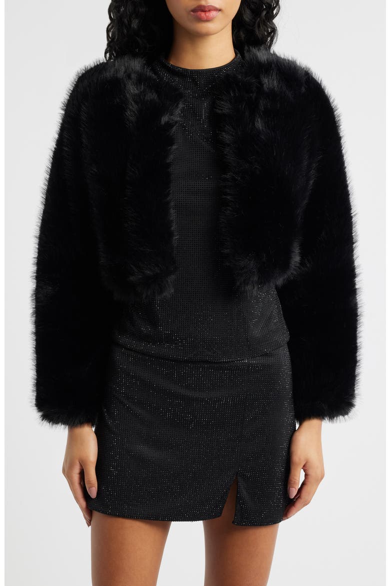 Faux Fur Crop Jacket, Main, color, BLACK