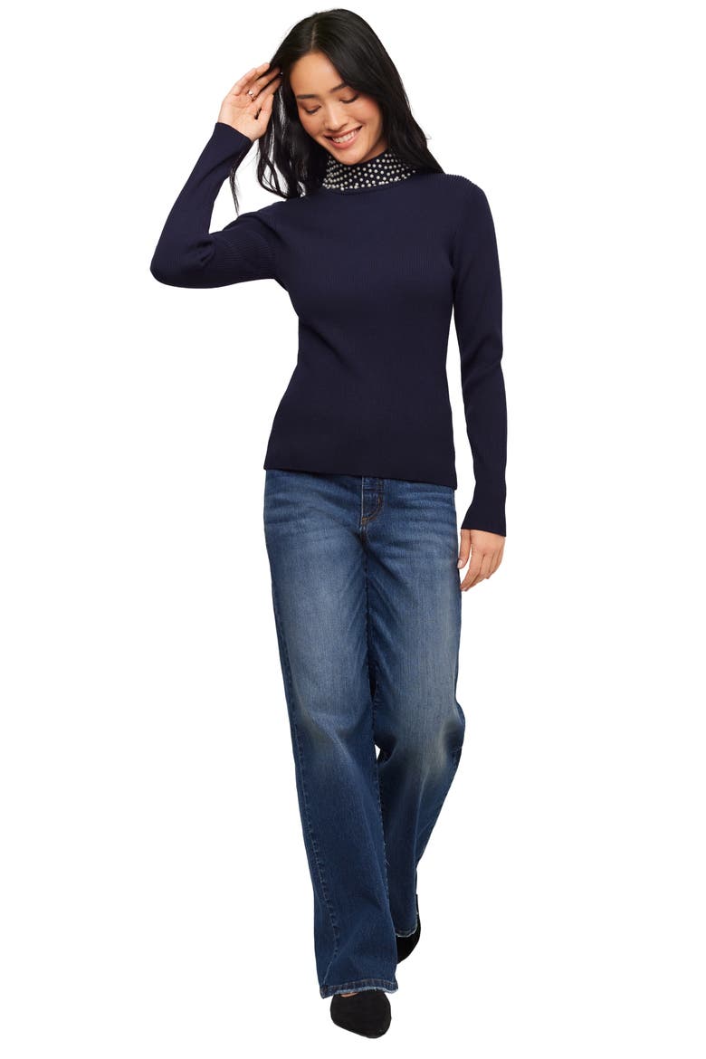 Pearl Embellished Turtleneck Sweater, Alternate, color, NAVY