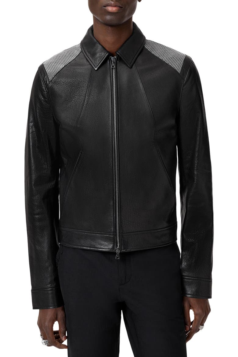 Hurst Mesh Detail Leather Jacket, Main, color, BLACK