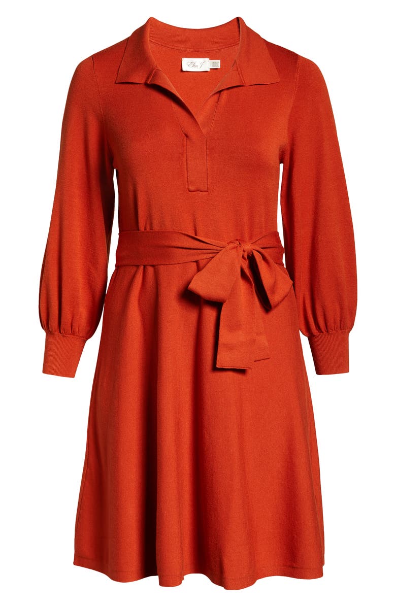 Eliza J Tie Waist Split Neck Long Sleeve Sweater Dress, Alternate, color, 