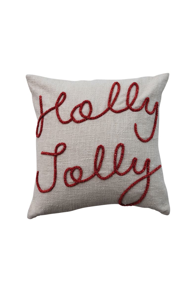 Holly Jolly Embroidered Cotton Pillow, Main, color, Red and Natural
