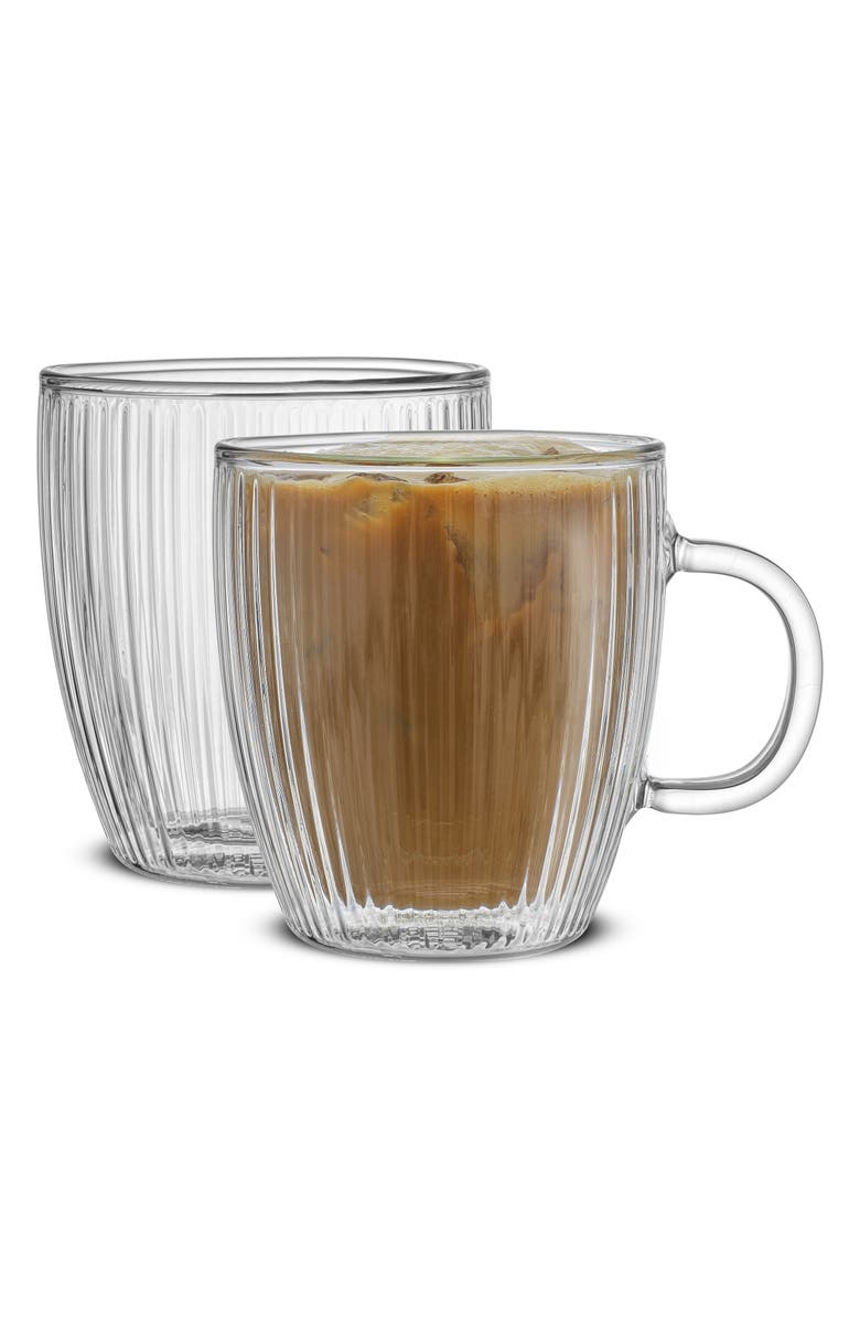 JoyJolt Set of Two Fluted Savor Double Wall Coffee Mug, Main, color, Clear