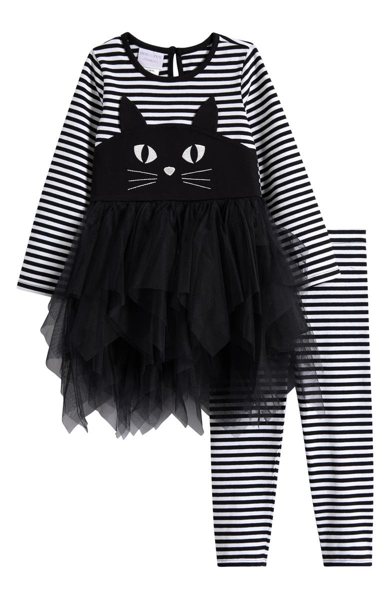 Iris & Ivy Kids' Cat Face Long Sleeve Tutu Dress & Leggings Set, Main, color, Black