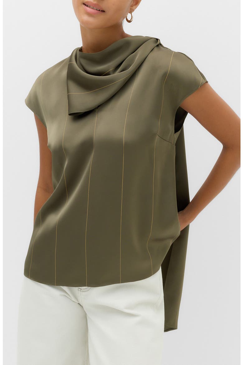 Tie Neck Drape Satin Top, Main, color, OLIVE GREEN/ MULTI