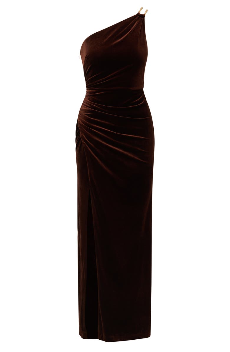 Adrianna Papell One-Shoulder Velvet Column Gown, Alternate, color, Dark Brown