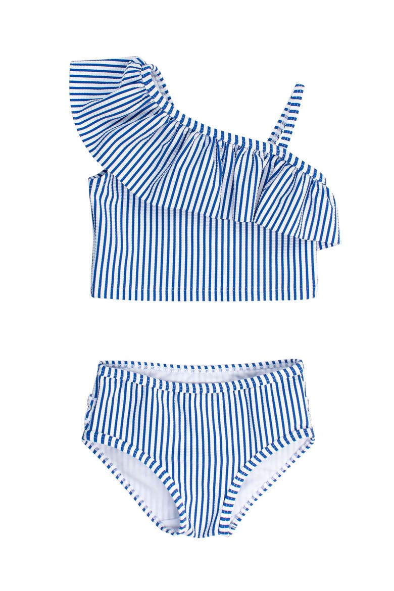 UPF50+ Sun Protected Seersucker One Shoulder Ruffle Tankini 2-Piece Swimsuit, Main, color, Blue Seersucker
