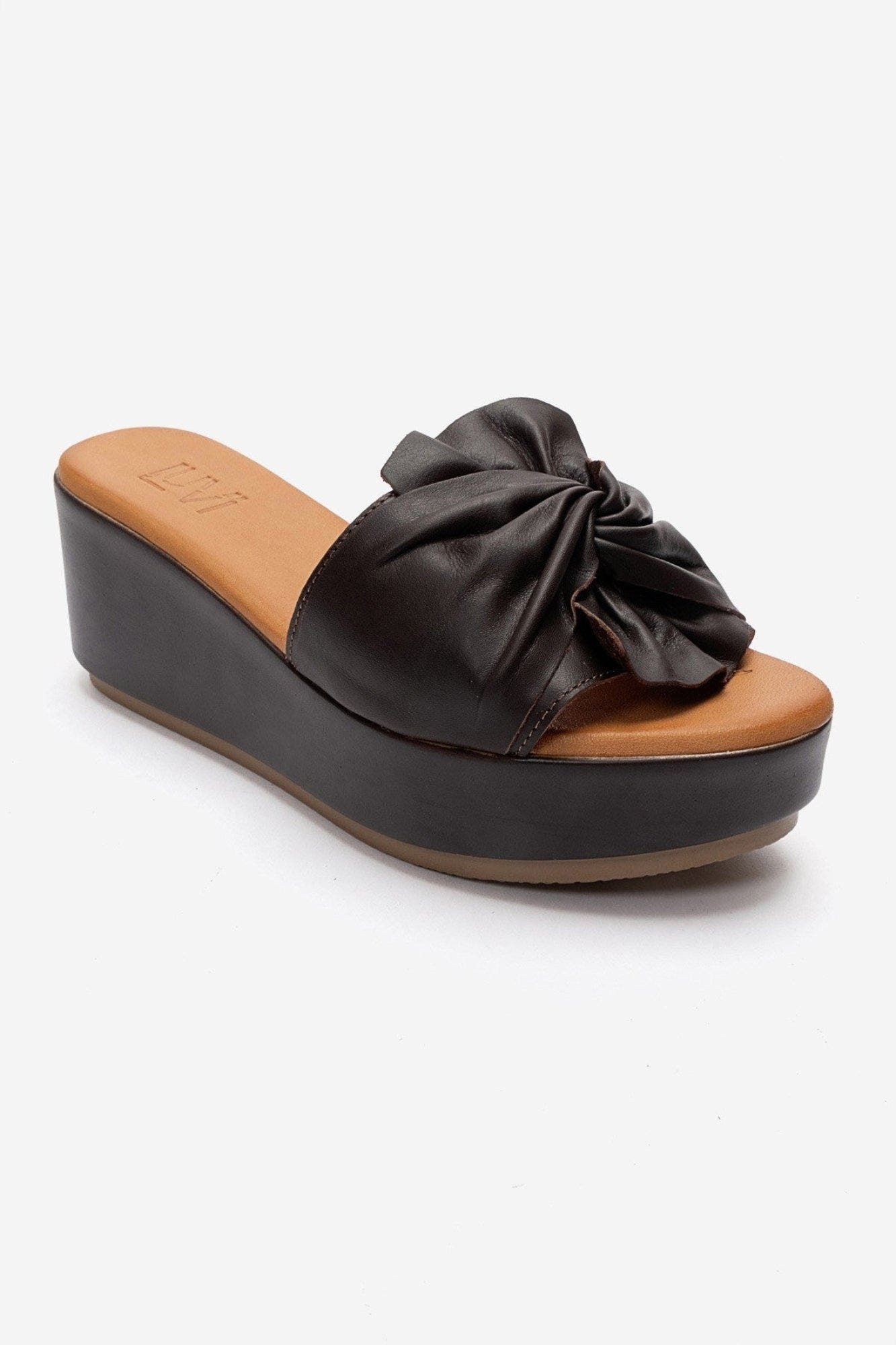 Syndra Bow Wedge Leather Sandal, Alternate, color, Brown Leather